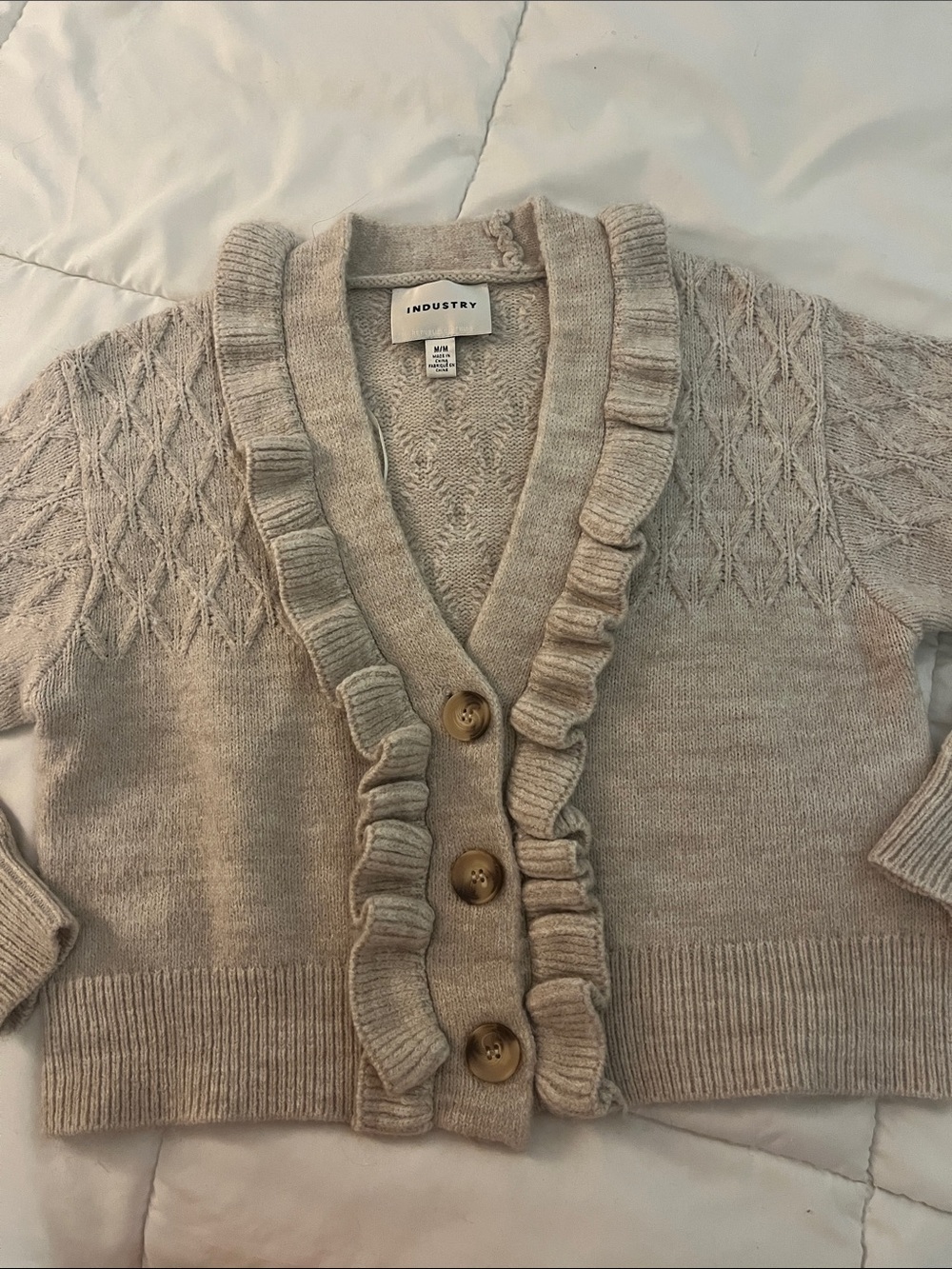 Ruffle-Trim Knit cropped Cardigan Sweater - Cream